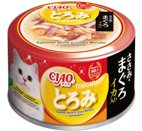 INABA CIAO Toromi для кошек (куриное филе, тунец Магуро и кальмар), 80 г