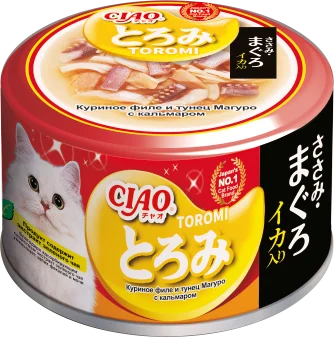 INABA CIAO Toromi для кошек (куриное филе, тунец Магуро и кальмар), 80 г