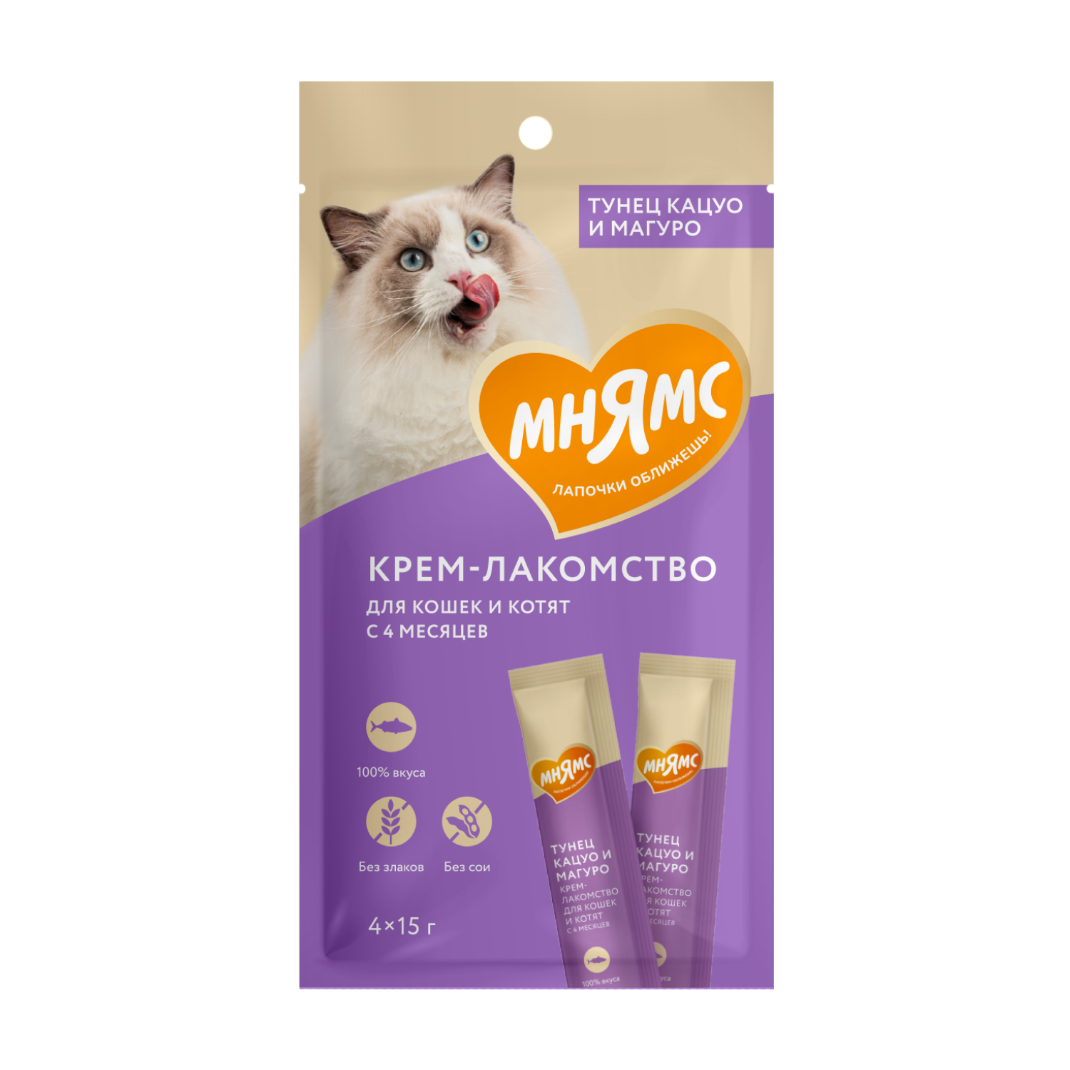  Мнямс для кошек (крем-лакомство с тунцом Кацуо и Магуро) 1+1=3, 15 г*4 шт