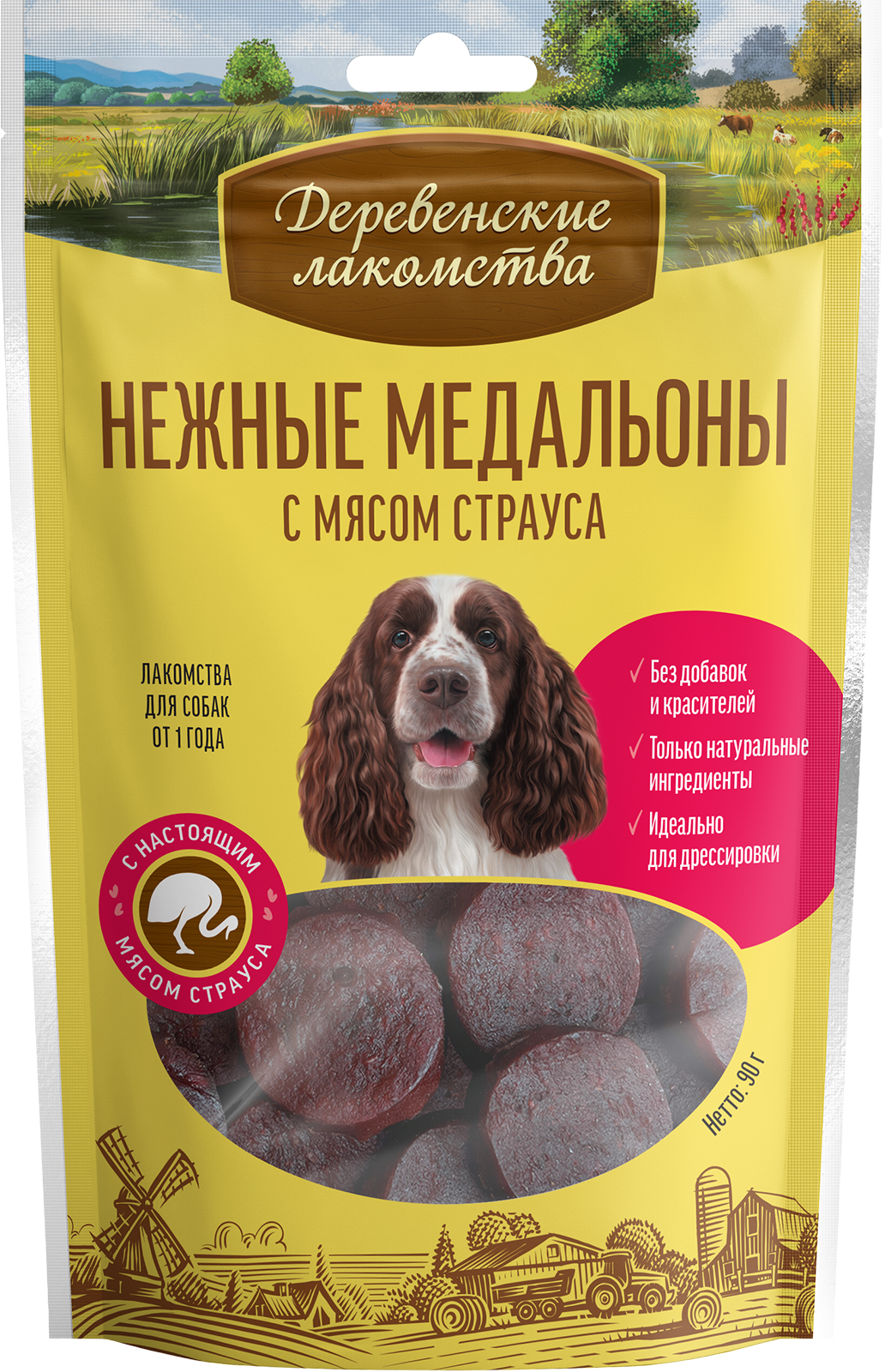 Деревенские лакомства для собак (нежные медальоны с мясом страуса), 90 г